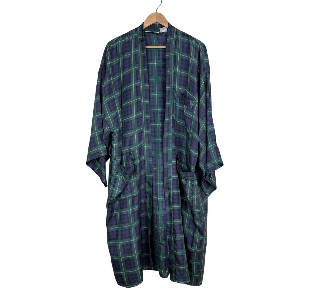 Vintage 100% Silk Tartan Plaid Kimono Robe Green Blue One Size 90s Sleepwear